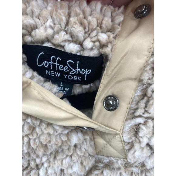 CoffeeShop Womens sz L Sherpa Pullover Tan Faux Fur New York Boutique hoodie - Picture 5 of 6